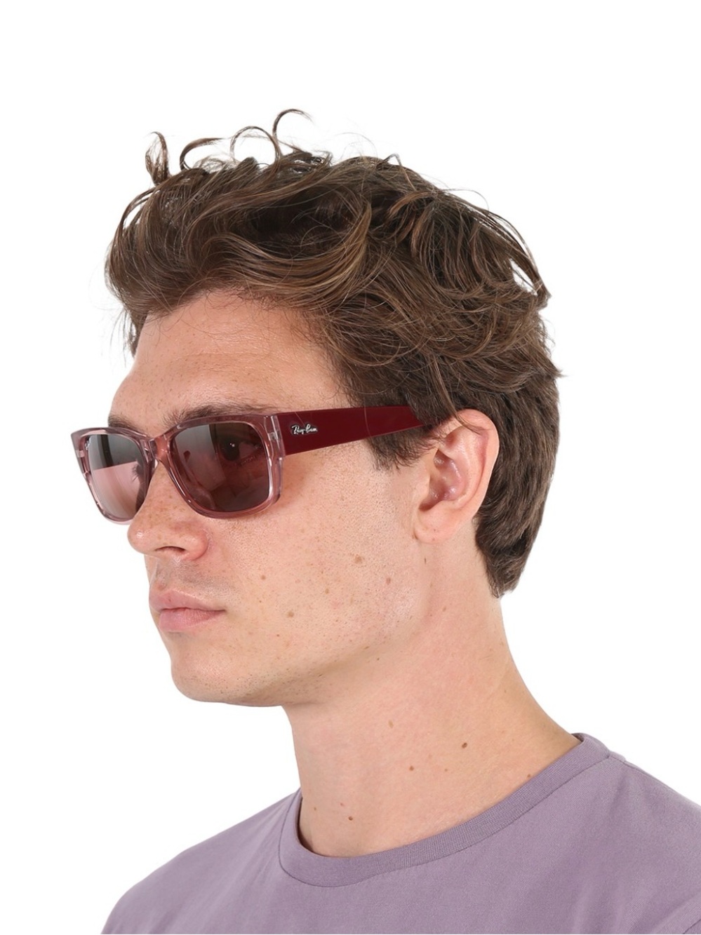 Unisex Ray-Ban sunglasses transparent pink frame, polarized wine-tinted lenses.